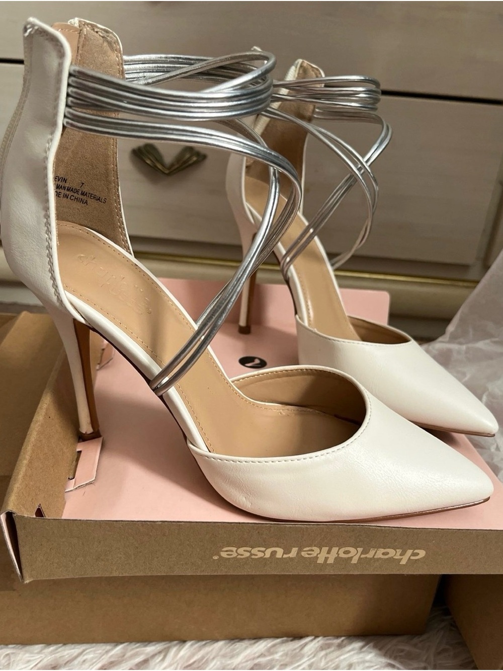 Charlotte Russe Women's White Pointed Toe Heels with Silver Strappy Ankle Detail